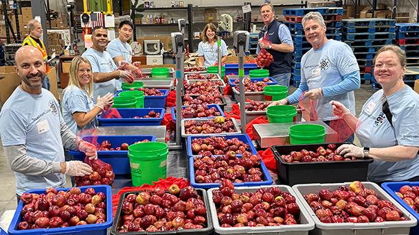 A group of employees sorting apples at the Food Bank